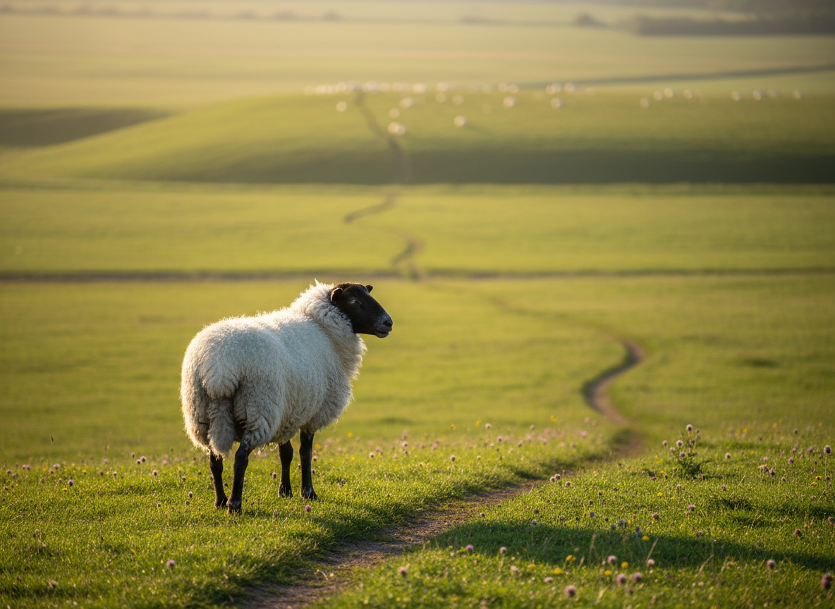 A single black-skinned, white-wooled sheep standing on a gentle hillside, subtly off-center, looking back over its shoulder toward a distant flock barely visible on a far ridge. The landscape is a wide, open pastoral valley with soft green grass, scattered wildflowers, and a narrow, winding path leading from the flock to the foreground. Golden hour sunlight washes the scene in warm, diffused light, creating a peaceful glow on the sheep’s wool and long, graceful shadows. Photographic realism with a shallow depth of field keeps the sheep in crisp focus while the background is softly blurred, evoking a contemplative, sophisticated mood of gentle longing and quiet hope.
