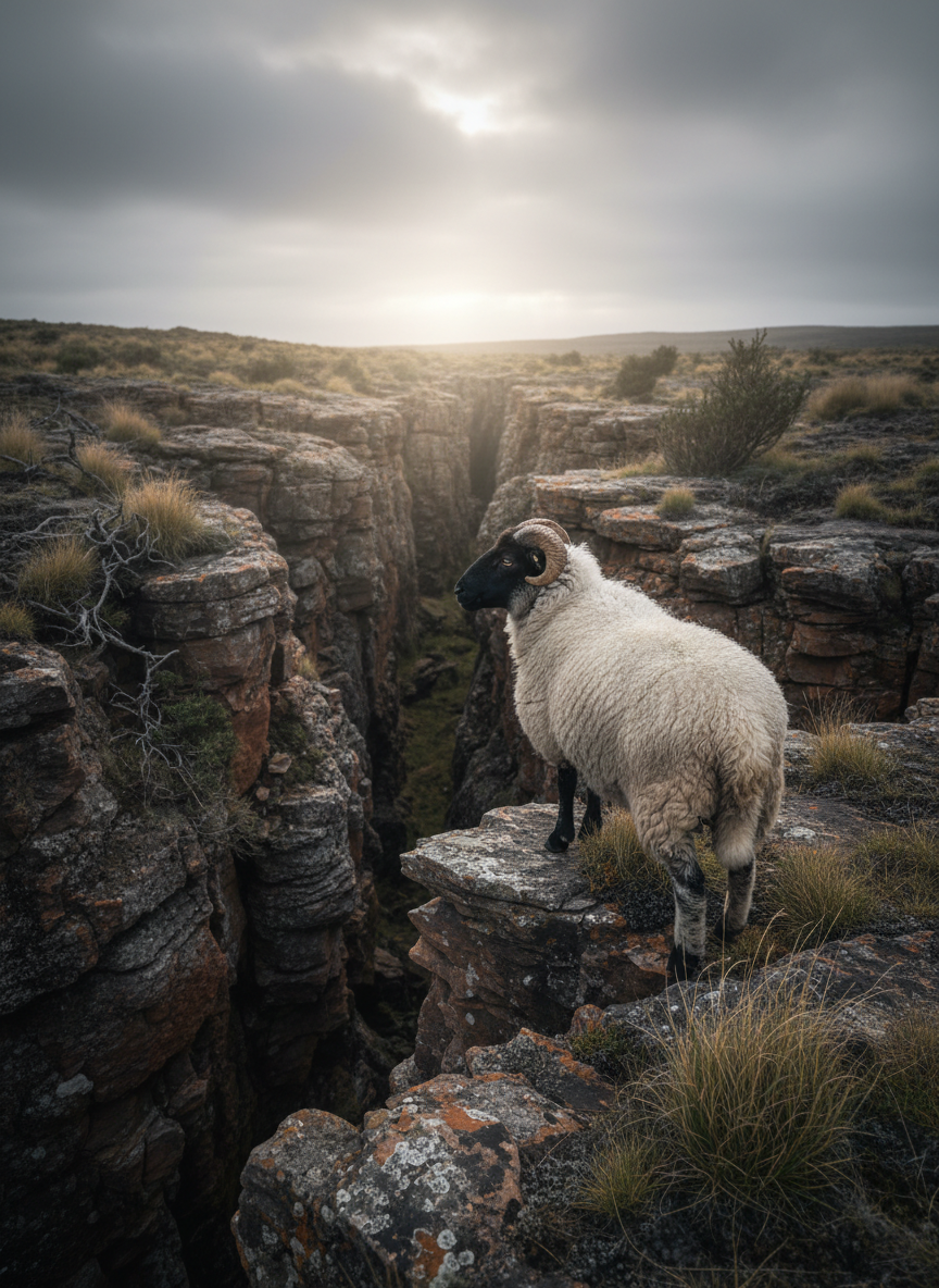 A solitary black-skinned, white-wooled sheep standing at the edge of a rugged, rocky ravine, looking back over its shoulder toward a faint, distant light on the horizon that suggests safety and home. Sparse tufts of grass and a few hardy shrubs cling to the uneven ground. Soft overcast light from a cloudy sky creates a muted, contemplative atmosphere, with subtle highlights along the sheep’s wool and subdued shadows in the rocks. Captured in photographic realism from a low, three-quarter angle, the composition uses the rule of thirds, leading lines of the ravine, and a wide aspect ratio to emphasize both the sheep’s vulnerability and the vastness of the surrounding wilderness, hinting at spiritual wandering and grace.