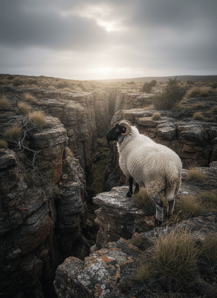 A solitary black-skinned, white-wooled sheep standing at the edge of a rugged, rocky ravine, looking back over its shoulder toward a faint, distant light on the horizon that suggests safety and home. Sparse tufts of grass and a few hardy shrubs cling to the uneven ground. Soft overcast light from a cloudy sky creates a muted, contemplative atmosphere, with subtle highlights along the sheep’s wool and subdued shadows in the rocks. Captured in photographic realism from a low, three-quarter angle, the composition uses the rule of thirds, leading lines of the ravine, and a wide aspect ratio to emphasize both the sheep’s vulnerability and the vastness of the surrounding wilderness, hinting at spiritual wandering and grace.