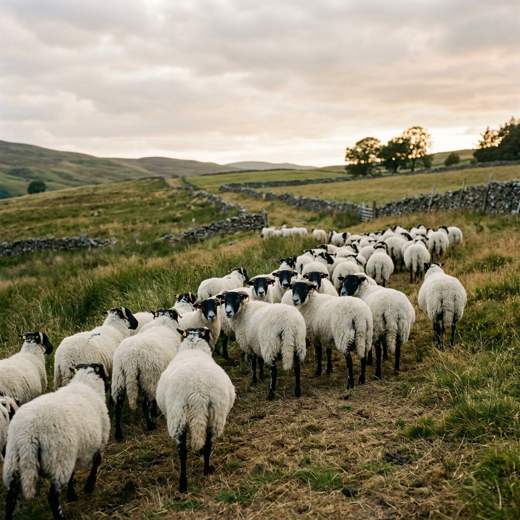 A flock of sheep in a pastoral landscape