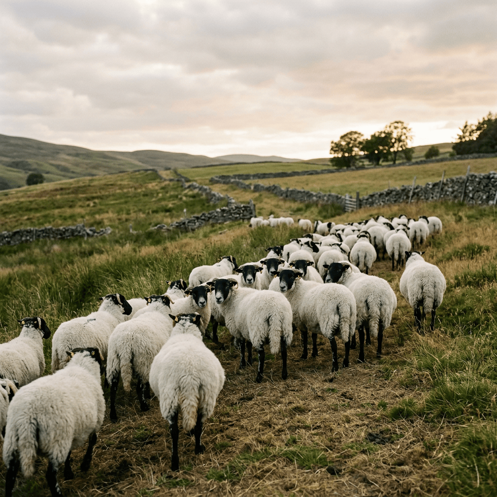 A flock of sheep in a pastoral landscape