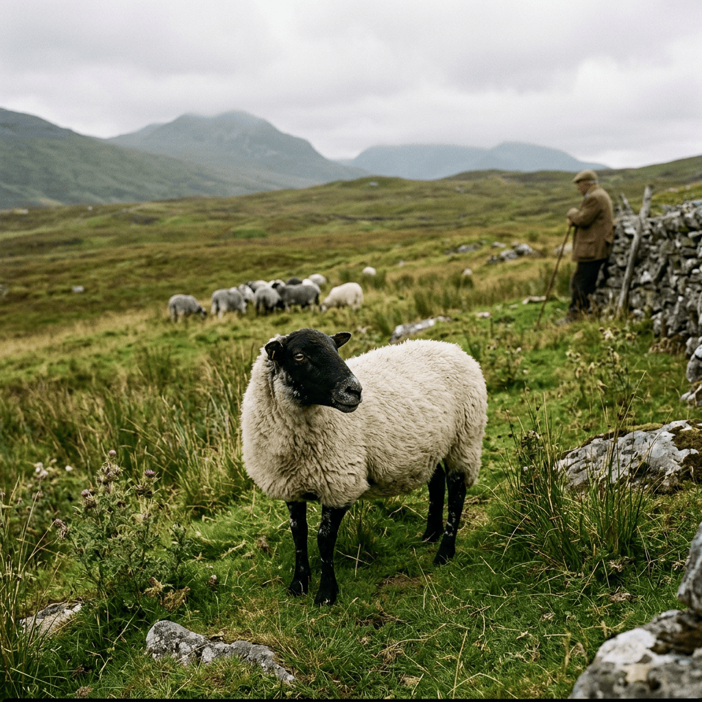 Black-faced sheep standing in a grassy Highland landscape with shepherd and flock