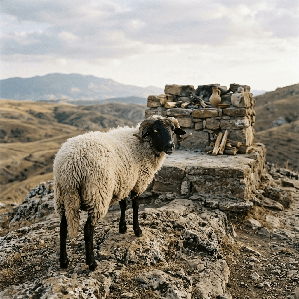 Horned sheep standing beside a stone hearth in rugged mountains