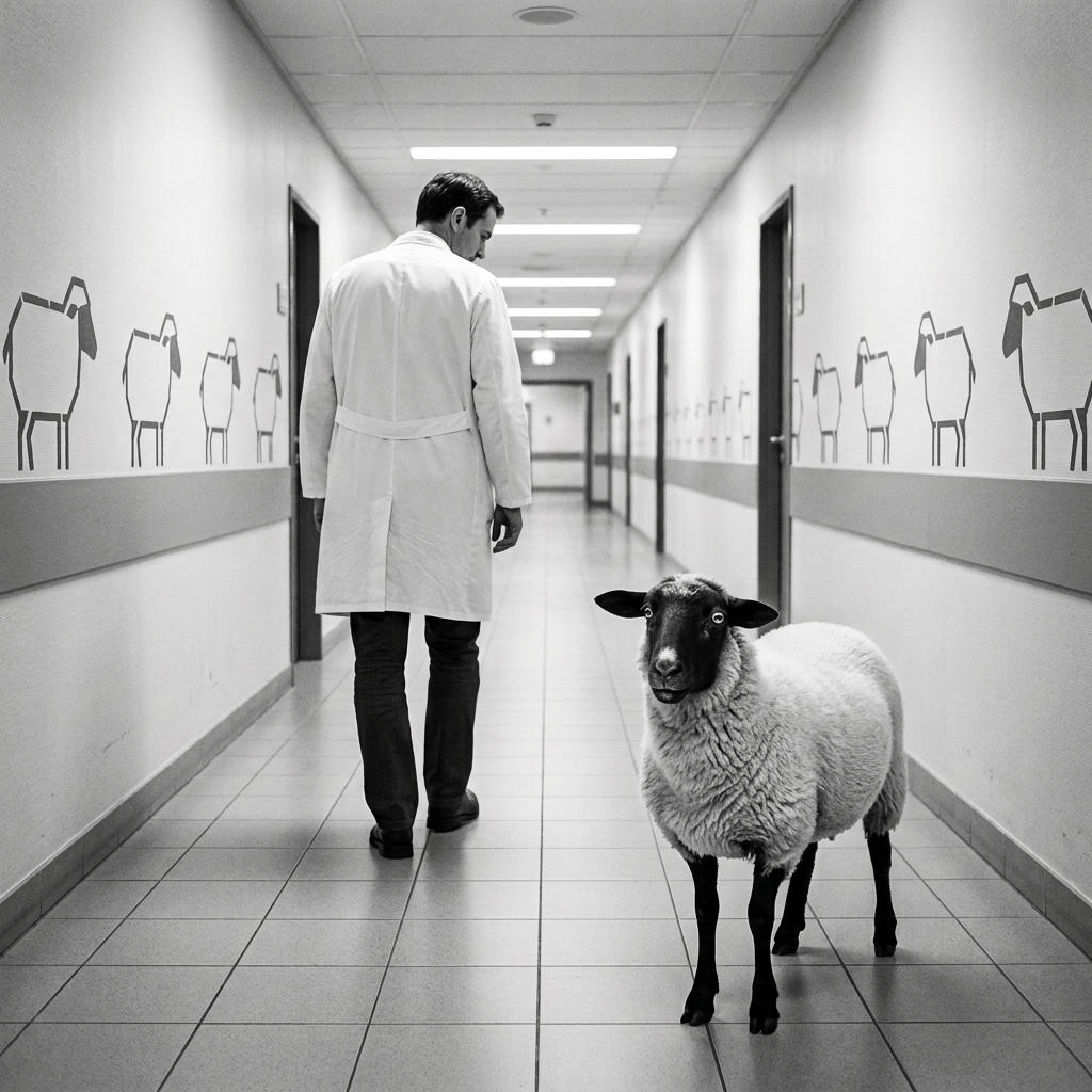 Veterinarian walking away from black sheep in a hospital corridor