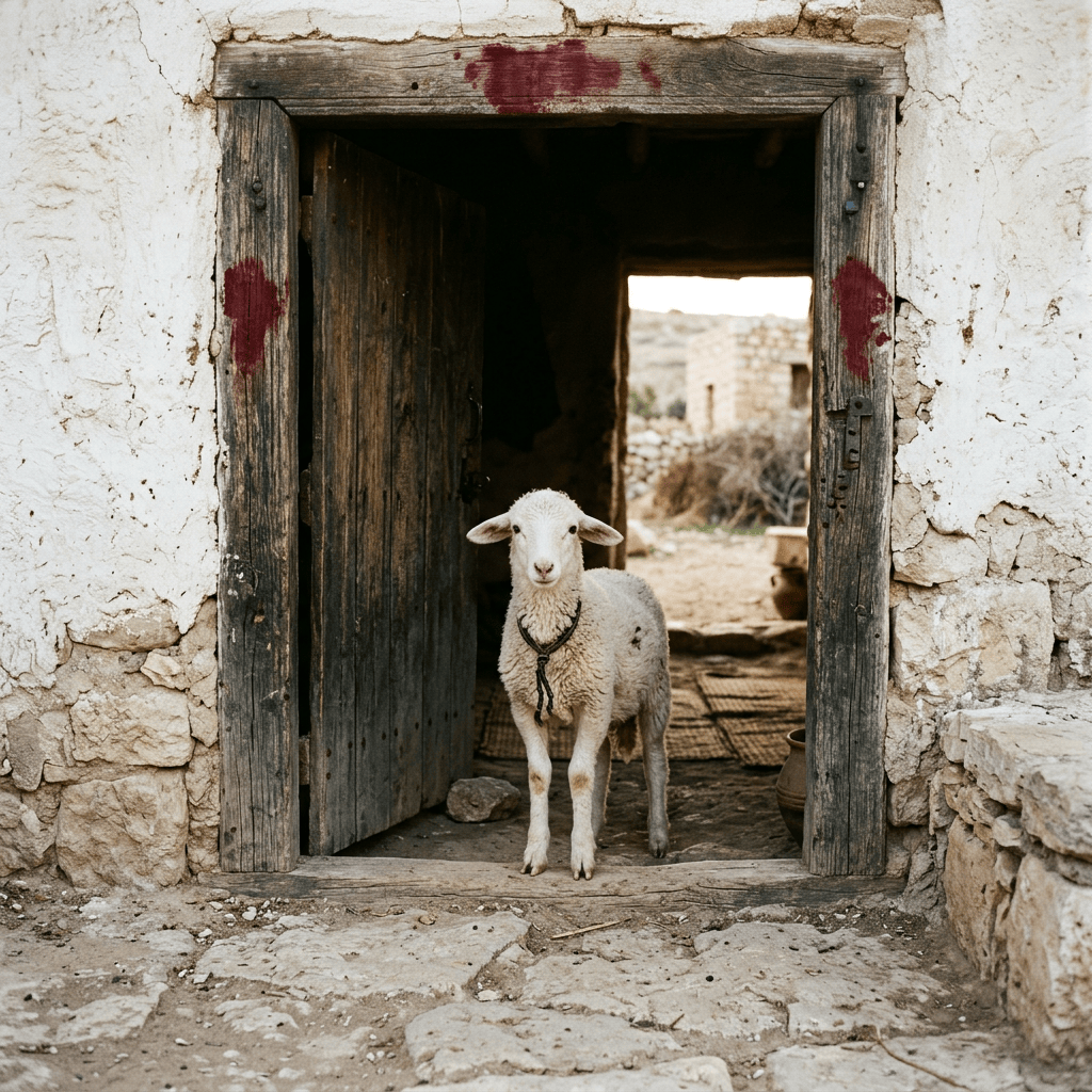 Sheep standing in the doorway of an old stone shelter