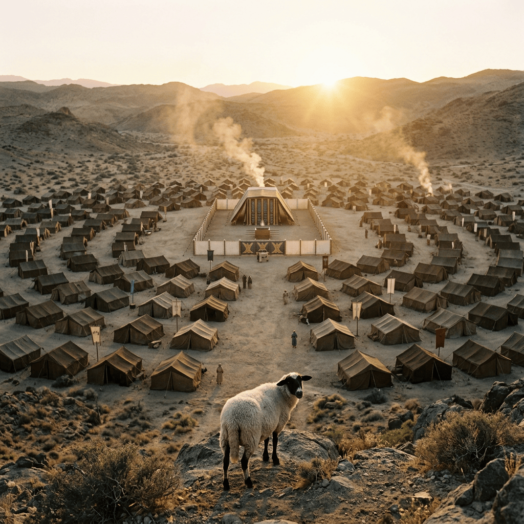 Sheep overlooking a large tent camp in a mountainous valley